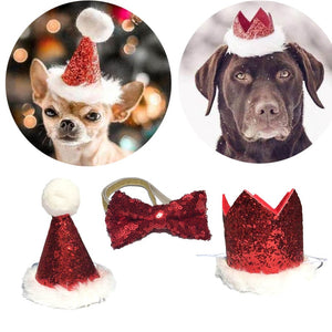 Christmas Pet Dog Cat Bow Tie and Cap Cute Red Bowknot Tie Collar Adjustable Pom-poms Topper for Dog Party Dog Cap Pet Accessory