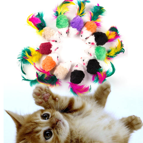 10pcs/set Mini Mouse Pet Cat Kitten Interactive Toys Funny Mice Playing Cat Toys For Cats Kitten with Colorful Feather Plush