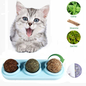 3pcs Catnip Ball Set Self-adhesive Rotated Catnip Silvervine Lick Ball For Cats Wall Mount Molar Teething Toy Pet Cat Supplies