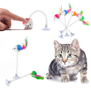 Funny Cat Toys Elastic Feather False Mouse Bottom Sucker Interactive Toys Cat Kitten Playing Pet Seat Scratch Toy Pet Product