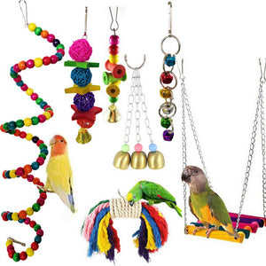 Elenxs 2020 Cute 7PCS/Set Parrot Birds Toy Kit Swing Hanging Bells Wooden Bridge Accessories Bird Toy Standing Training Pet Tool