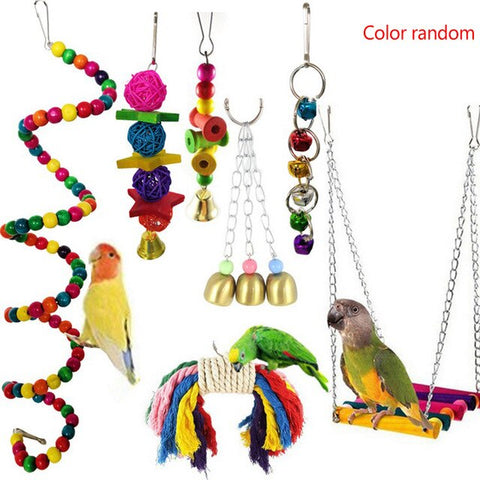 Elenxs 2020 Cute 7PCS/Set Parrot Birds Toy Kit Swing Hanging Bells Wooden Bridge Accessories Bird Toy Standing Training Pet Tool