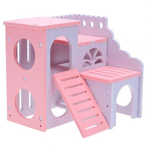 Wooden Double Deck Hamster Squirrel Hidden Play Toy Villa House Small Pet Nest