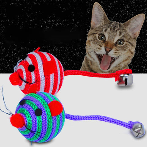 Lovely Stripe Nylon Rope Round Ball Mouse Long Tail Bell Pet Cat Bite Play Toy Cat Supplies